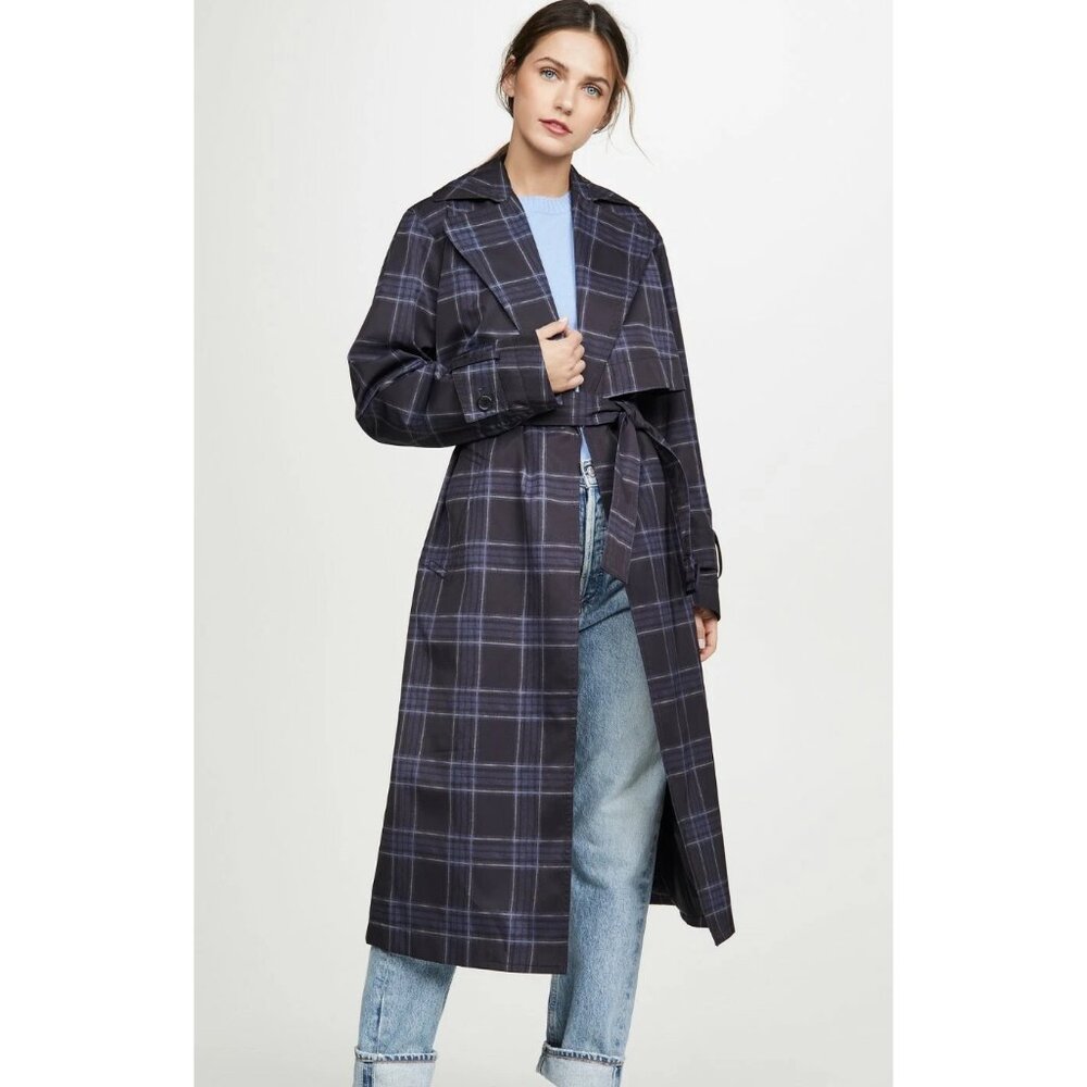 $700 VINCE PLAID TRENCH MAXI COAT MARINE BELTED  STROM FLAP CLASSIC L